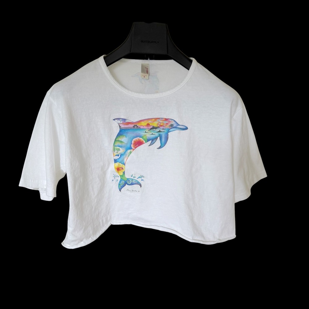 Y2K Anvil Nora Butler Dolphin Crop Top White Short Sleeve Sz M